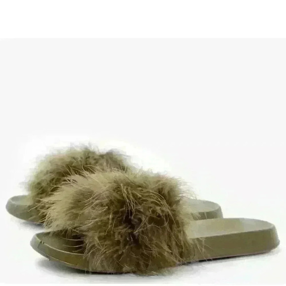 NEW NIB Boohoo Women's Annabelle Khaki (Brown) Feather Slider Sz 10 $36 - Picture 2 of 4